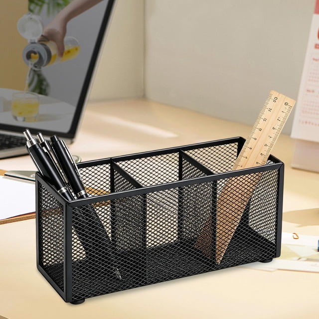 3-Compartment Metal Mesh Desk Organizer, Black or Silver, 22.5 x 9.5 x 8 cm, Multi-Purpose Pen, Pencil, and Office Supply Storage Caddy with Non-Slip Pads