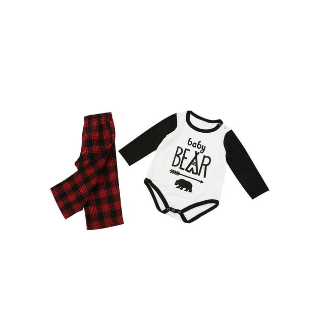 Ensemble de Pyjamas de Noël Famille Parent-Enfant Motif Ours Col Rond Manches Longues Hauts + Pantalons à Carreaux Tenues