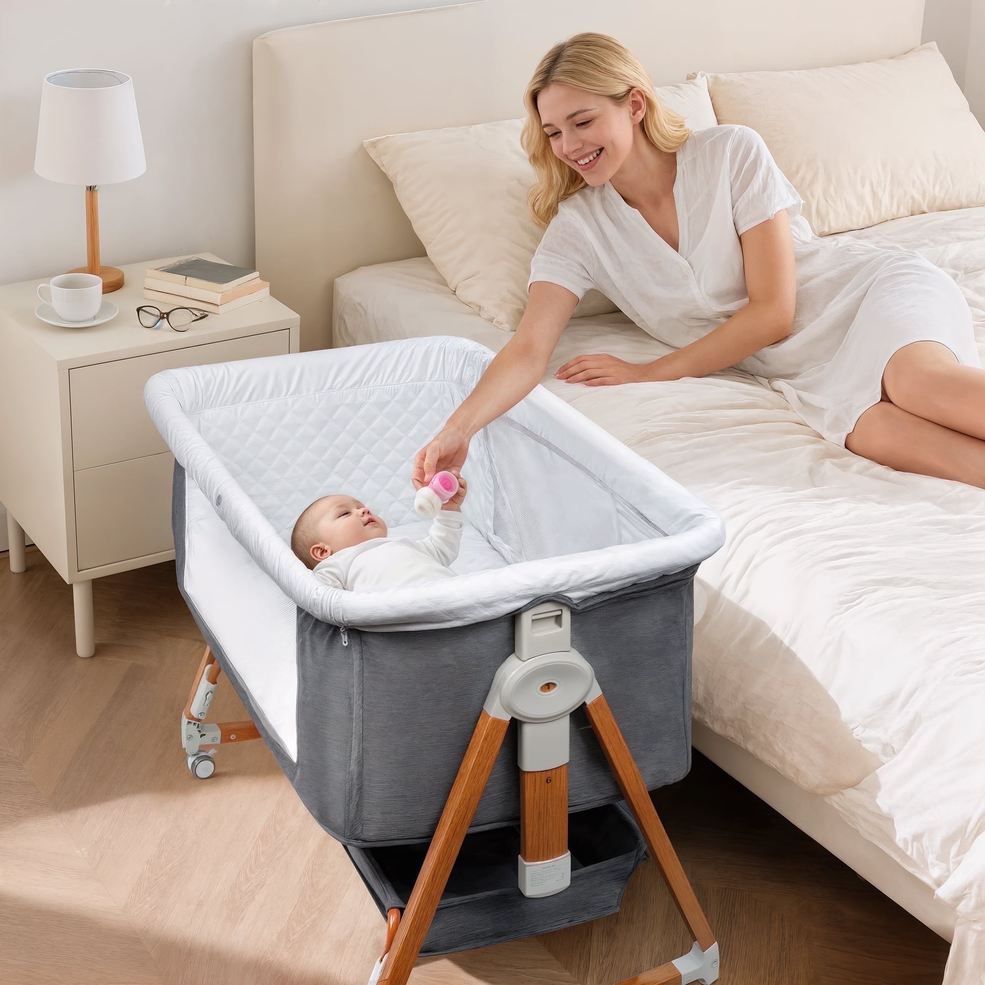Haoyunduo Baby Bassinet, Foldable Baby Crib with 6 Adjustable Heights and Storage Basket for Infant Newborn Child, Gray