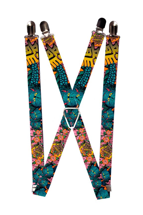 Blue Scary Dragon Faces with Bright Floral Pattern Suspenders