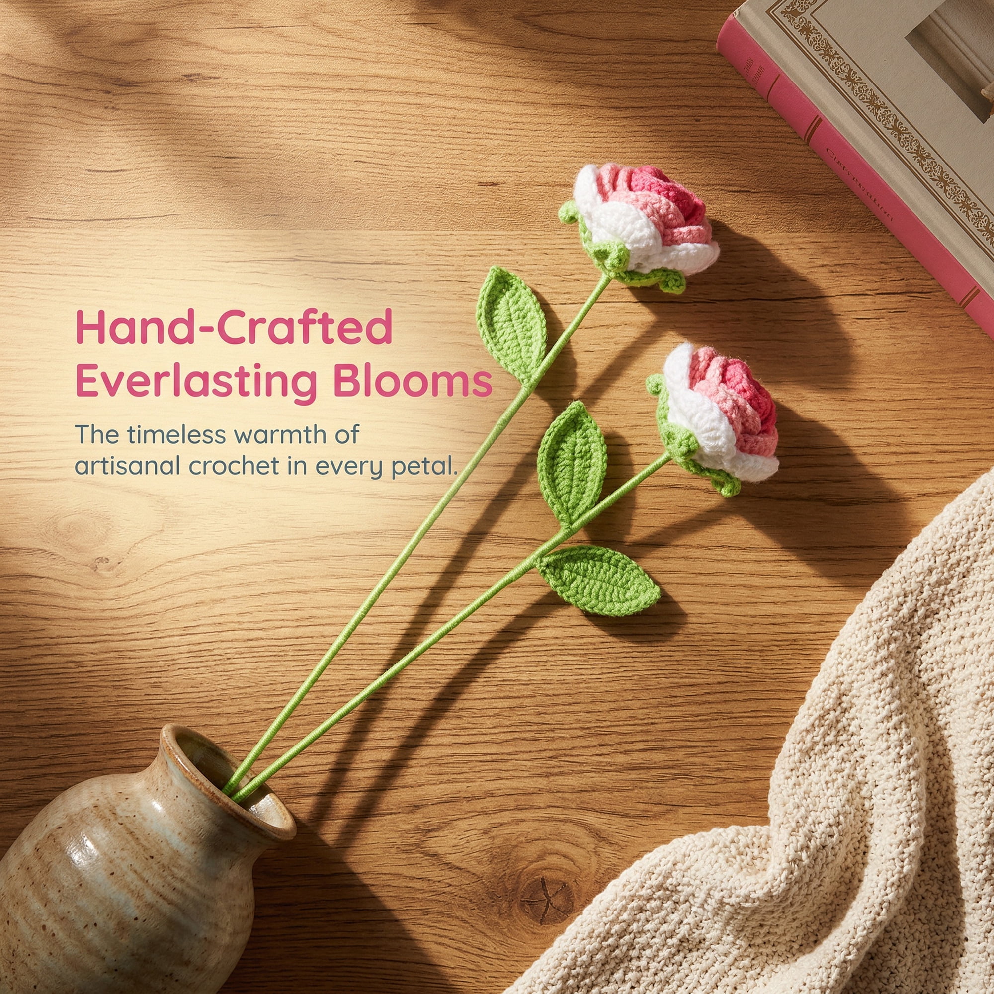 Unique Bargains 4Pcs Handmade Crochet Long Stem Realistic Fake Roses Gradient Pink 13in