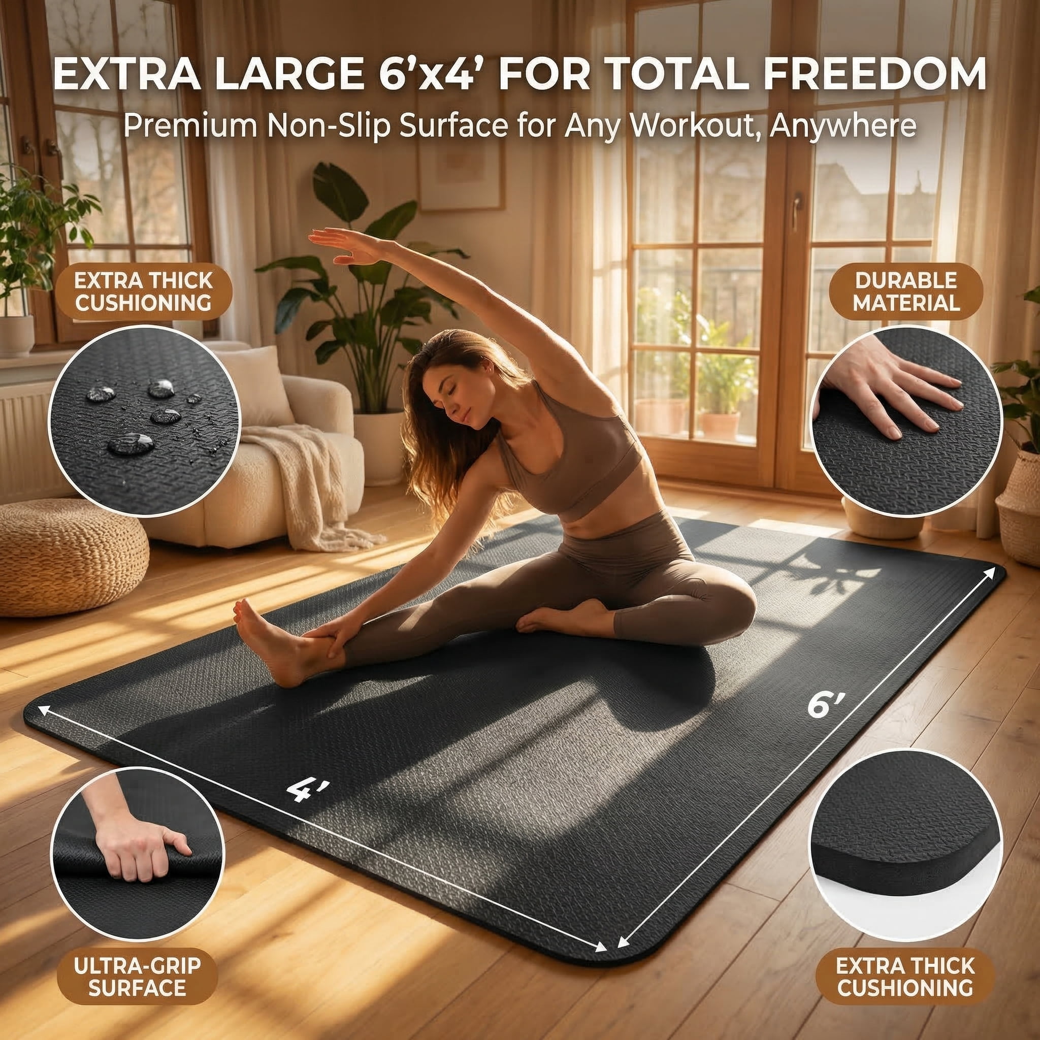 FrenzyBird Large Yoga Mat 6'x4' (72"x48") 183x122cm, 1/4" Thick TPE Non-Slip Extra Wide Exercise Mat, Big Home Workout Mat for Yoga, Pilates, Gym & Floor Workouts for Women & Men（6mm Black）