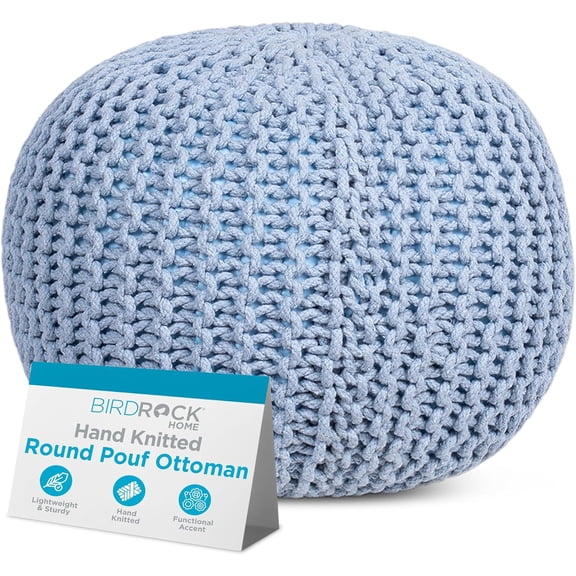 Round Pouf Ottoman | Cotton Braided Foot Stool with Bean Bag Filling | Boho Foot Rest for Living Room & Bedroom | Compact & Comfortable Seating, Lightweight & Soft | Soft Blue