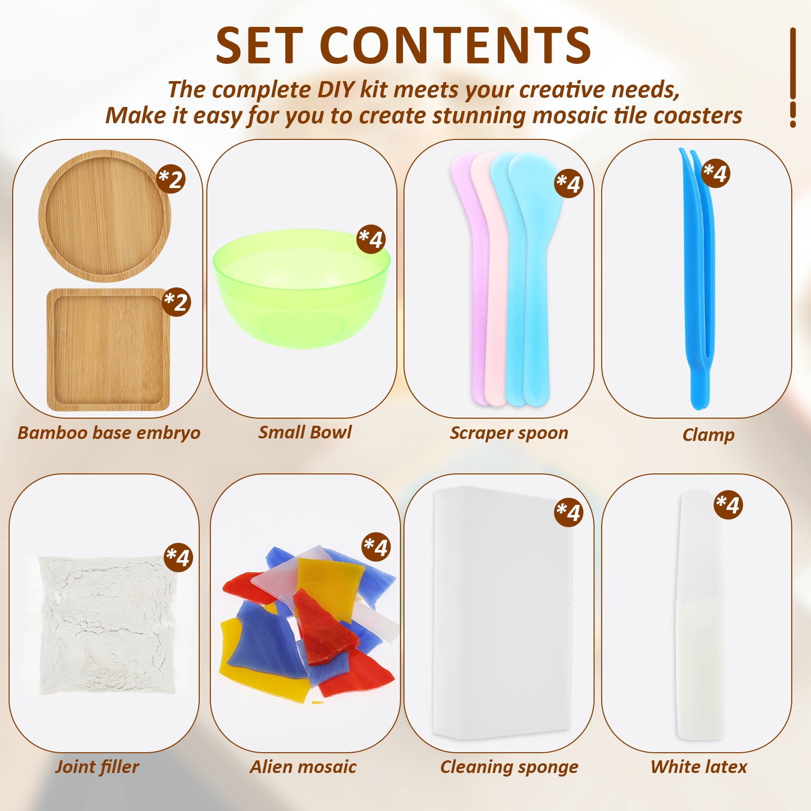 Xdziklosj 4 Pcs DIY Mosaic Kit for Adult Glass Tile for Craft with Bamboo Cup Pad for Women Mixed Color Mosaic Art Craft Cup Mat Project Handmade Making Kit Set for Home Decor Present