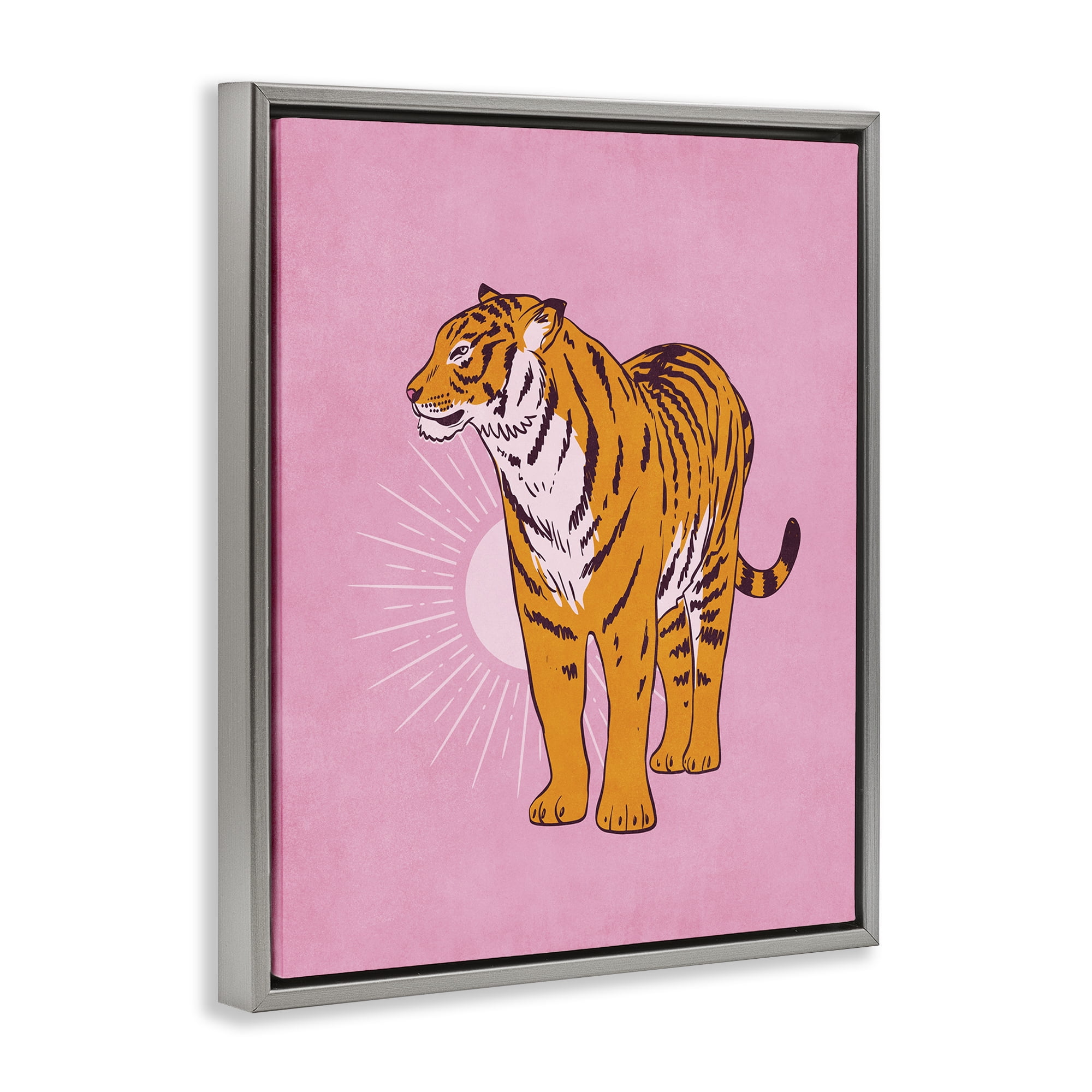 Stupell Industries Preppy Tiger Standing Animals Painting Gray Floater Framed Canvas Art Print Wall Art, 17 x 21