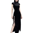 thumbnail image 2 of Lucakuins Vestido Cheongsam Chino para Mujer, Vintage Tie-up Color S贸lido Manga Corta Stand Collar Slit, 2 of 9