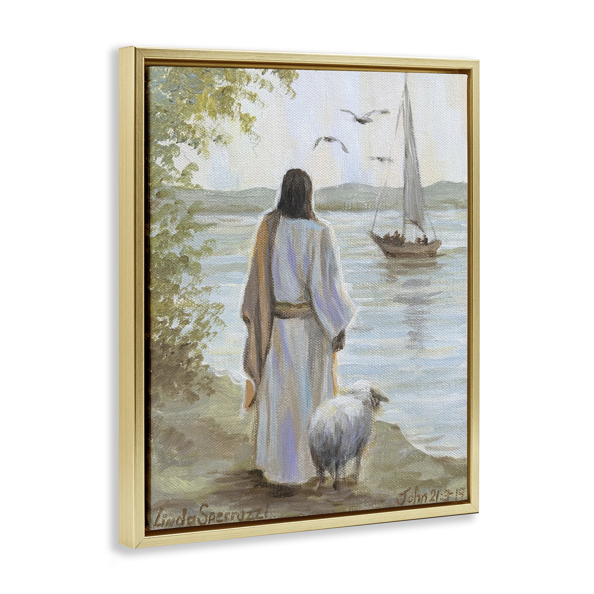 Stupell Industries Jesus Waiting Ashore Gold Framed Floater Canvas Wall Art, design by Linda Sperruzzi