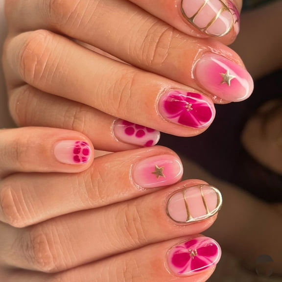 24Pcs Almond Fake Nails Press On Nails Artificial Nails False Nails Glues On Nails Flower Designs French Nails Tips