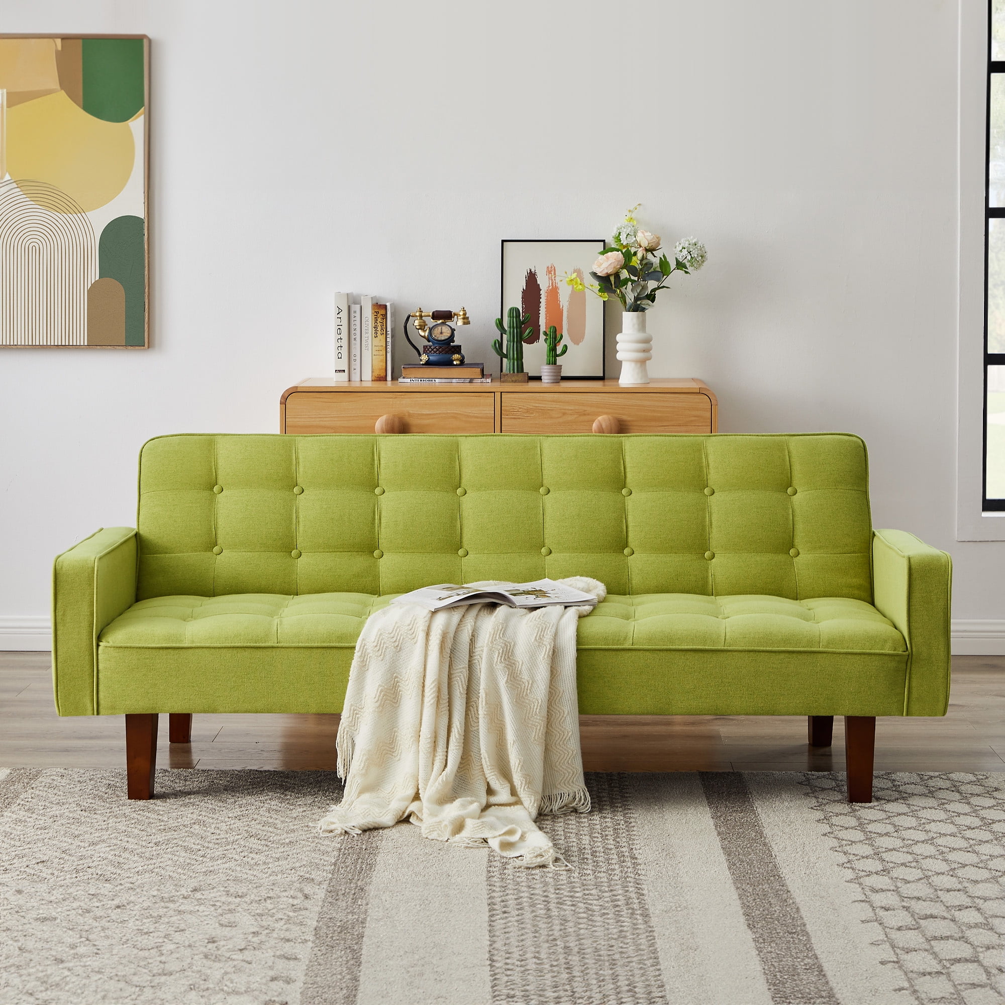 Aukfa 74" Square Arm Futon Convertible Sofa Bed for Home Office, Button-Tufted Back, Light Green