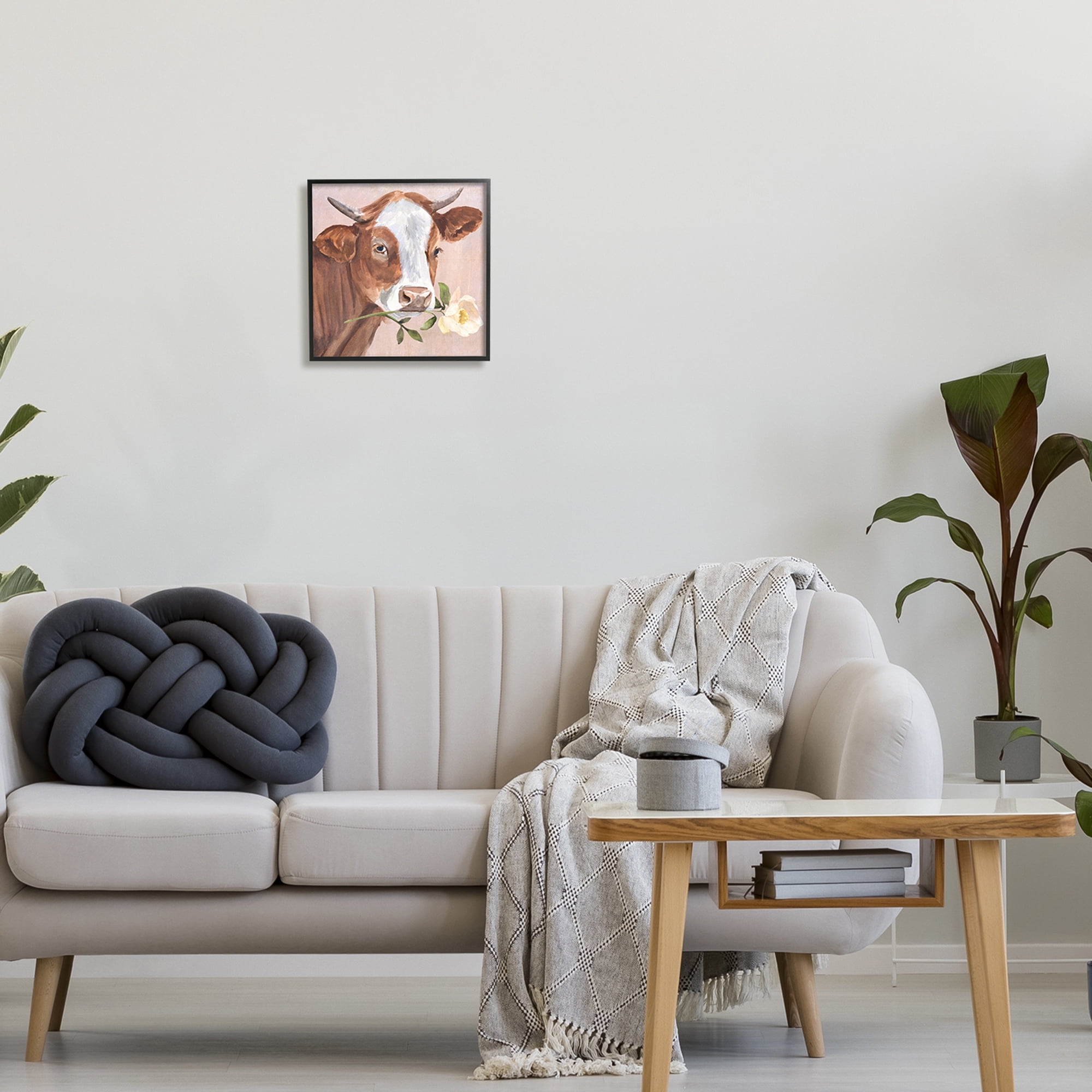 Stupell Industries Cow & Rose Blossom Animals & Insects Painting Black Framed Art Print Wall Art, 12 x 12
