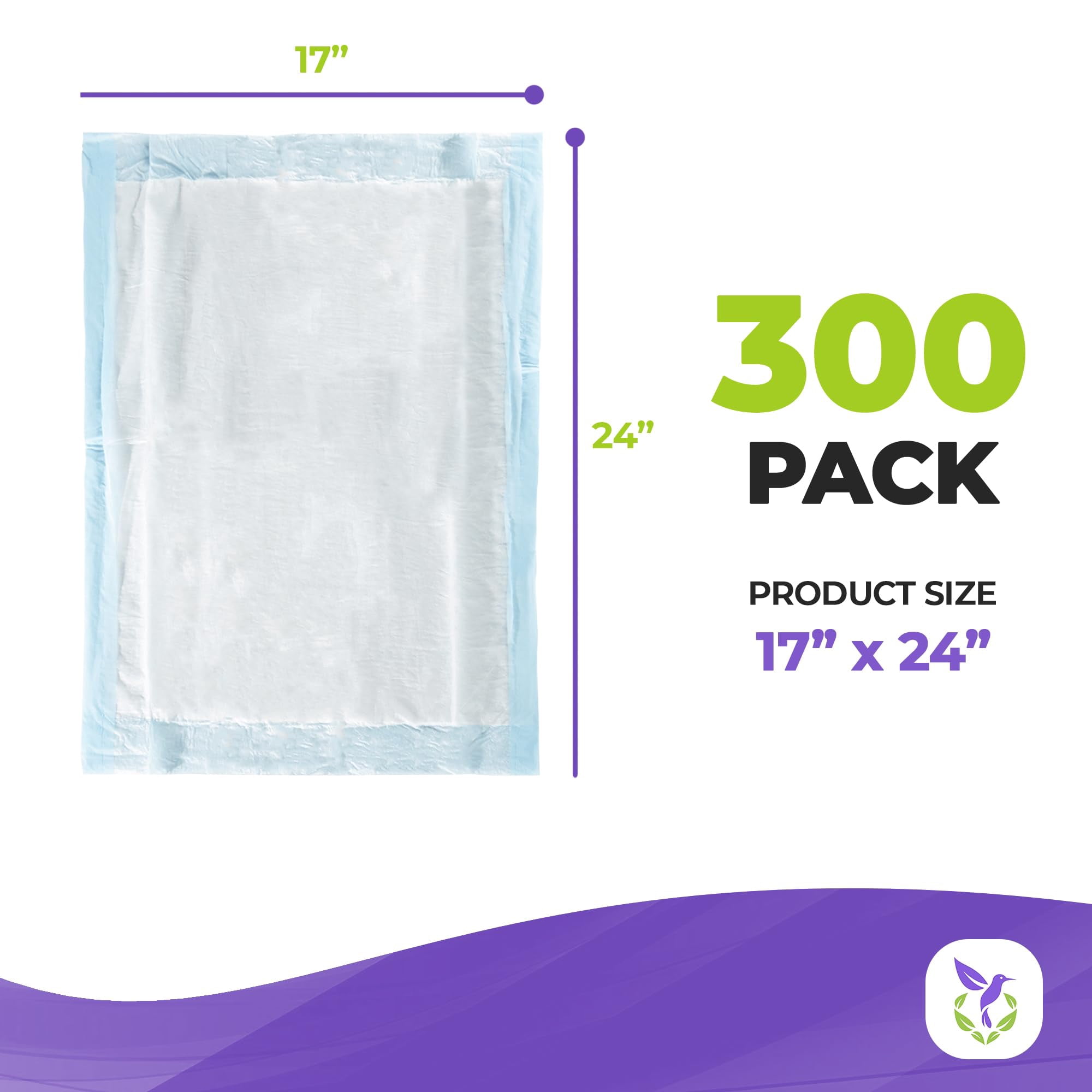 Blue Disposable Bed Underpads, Light Absorbency Leak-Control, 300 Count, 17 x 24 in