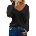 thumbnail image 1 of Camisa de manga larga de malla a rayas para mujer, blusa informal con cuello en V, tallas S a XXL, 1 of 5