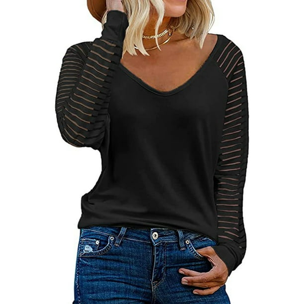 Camisa de manga larga de malla a rayas para mujer, blusa informal con cuello en V, tallas S a XXL