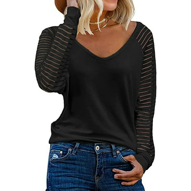 Camisa de manga larga de malla a rayas para mujer, blusa informal con cuello en V, tallas S a XXL