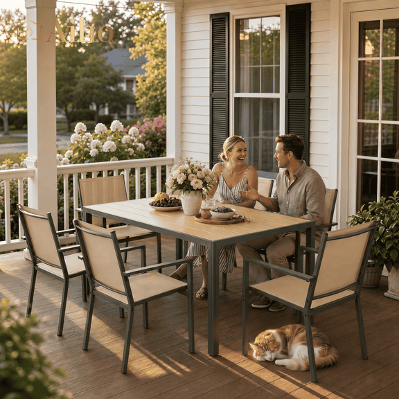 7 Pieces Patio Table and Chairs Set, Aiho Outdoor Dining Set for 6 with Umbrella Hole & Textilene Chairs, Weather Resistant for Yard, Porch, Garden - Brown