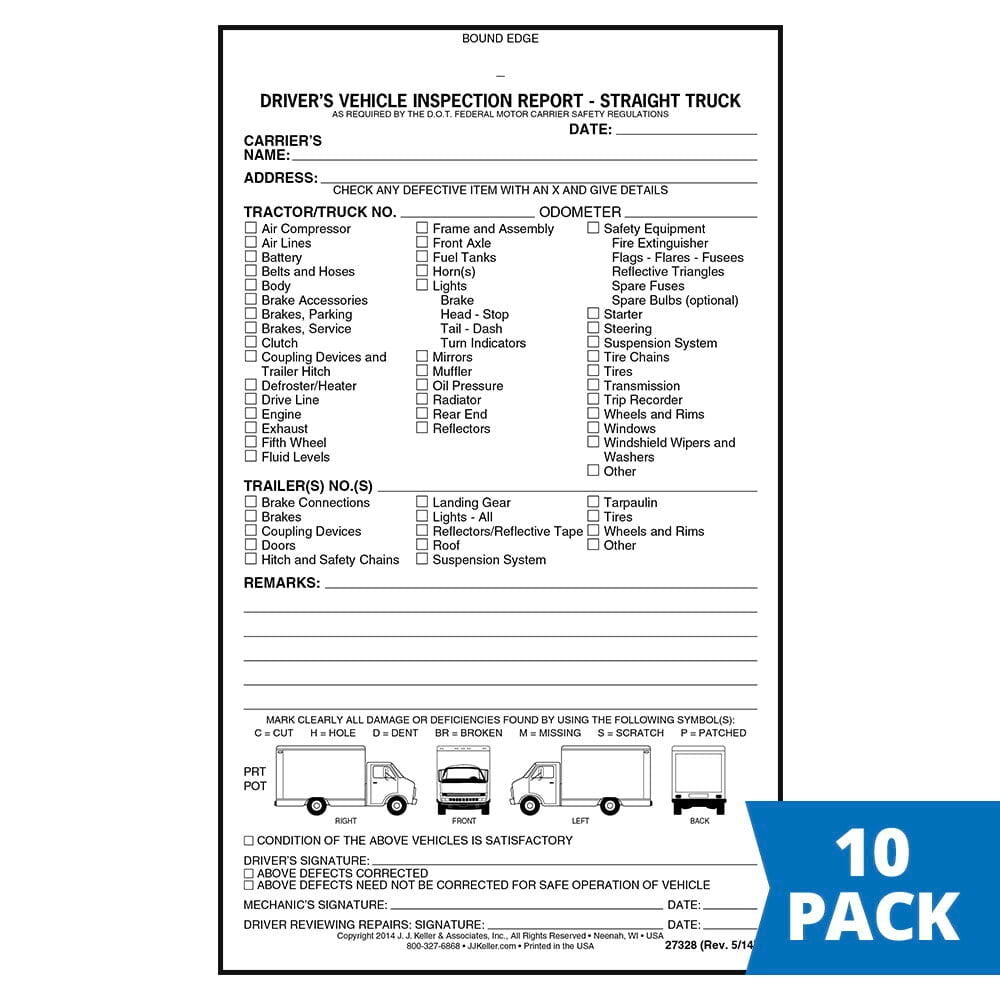 Straight Truck Detailed Driver Vehicle Inspection Report Book 10-pk. - 2-Ply Carbonless, 5.5" x 9.25", 31 Sets of Forms Per Book