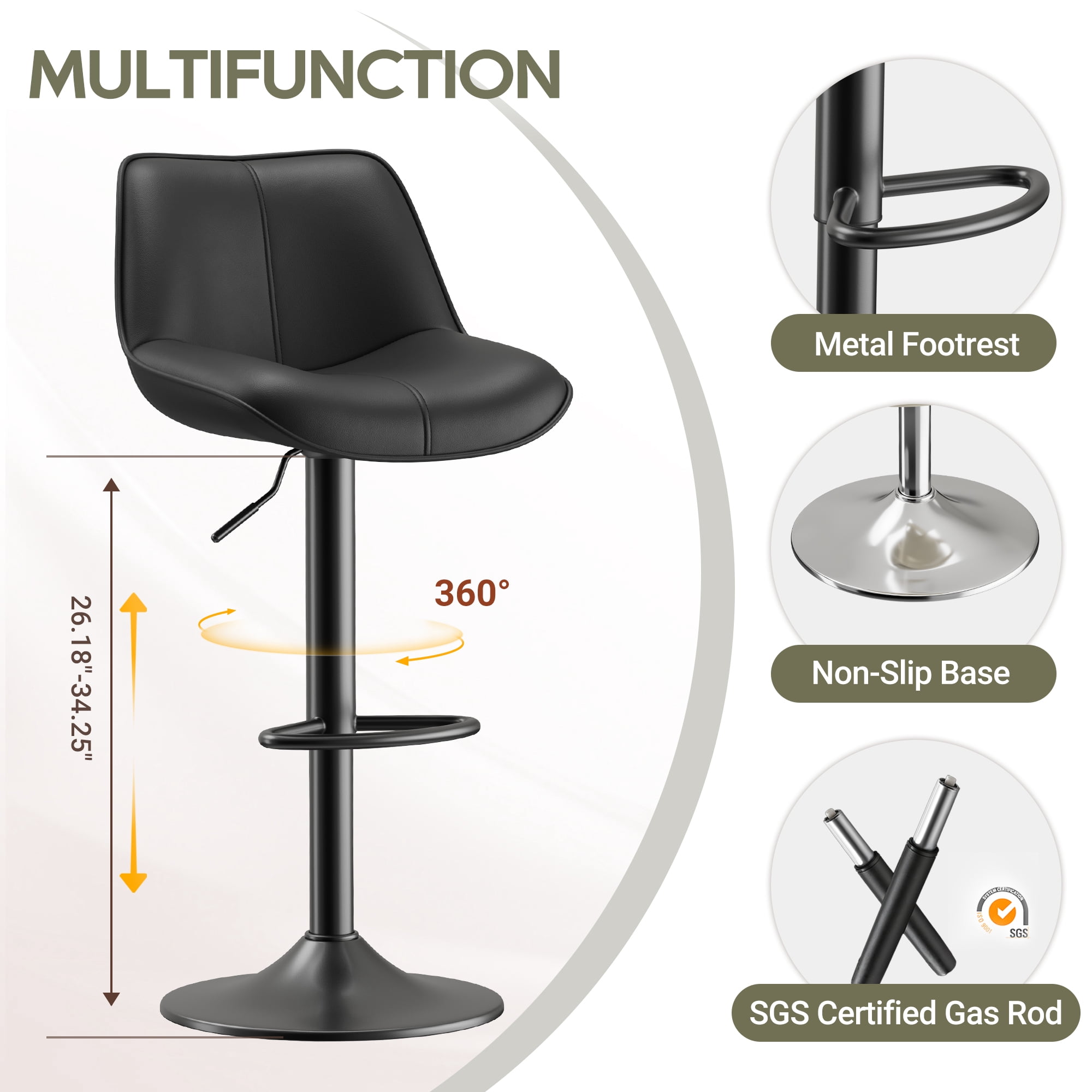 EOP Upholstered Bar Stool Set of 1, Adjustable Swivel Counter Height Bar Chair with Backrest, Modern PU Leather Counter Stool for Bar, Kitchen, Dining Room, Black