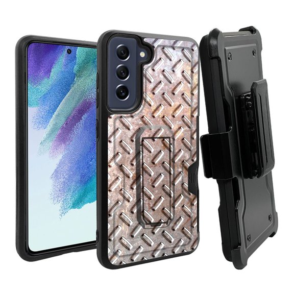 ANJ  Rugged Dual Layer Hybrid Holster Kickstand Case w/ Card Slot   Tempered Glass Cover for Samsung Galaxy S21 FE 5G - Vintage Steel Plate