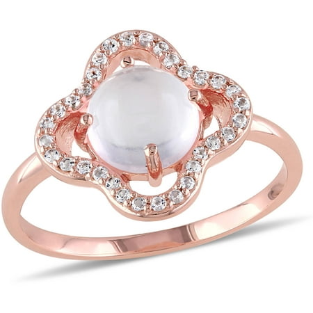 Tangelo 1-7/8 Carat T.G.W. Rose Quartz and White Topaz Rose Rhodium-Plated Sterling Silver Flower Halo Ring