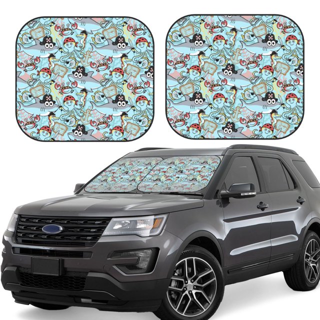 Fotbe pirate with funny animals Juego de 2 Piezas de Parasoles para Parabrisas | Bloqueador Solar para Auto | Accesorios Plegables para Protección Solar Interior-Large