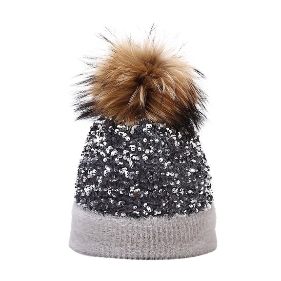 Generic Trendy Winter Faux Fur Pom Pom Beanie For Ladies Women Outdoor Warm Knitted Hat Dyed Ball Sequined Hat Ear Protection Hat In Winter Women'S Trendy Knit Head Scarf Hat