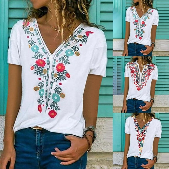 Summer Tops for Women 2025 Woman Colour Flower Print Short Sleeve Henley V Neck Casual Loose Flowy Tops Trendy