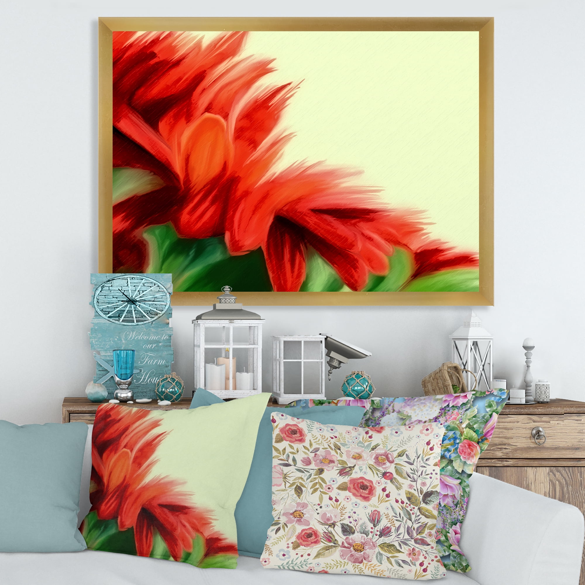 Designart 'Red Floral Brush Strokes On Green' Traditional Framed Art Print