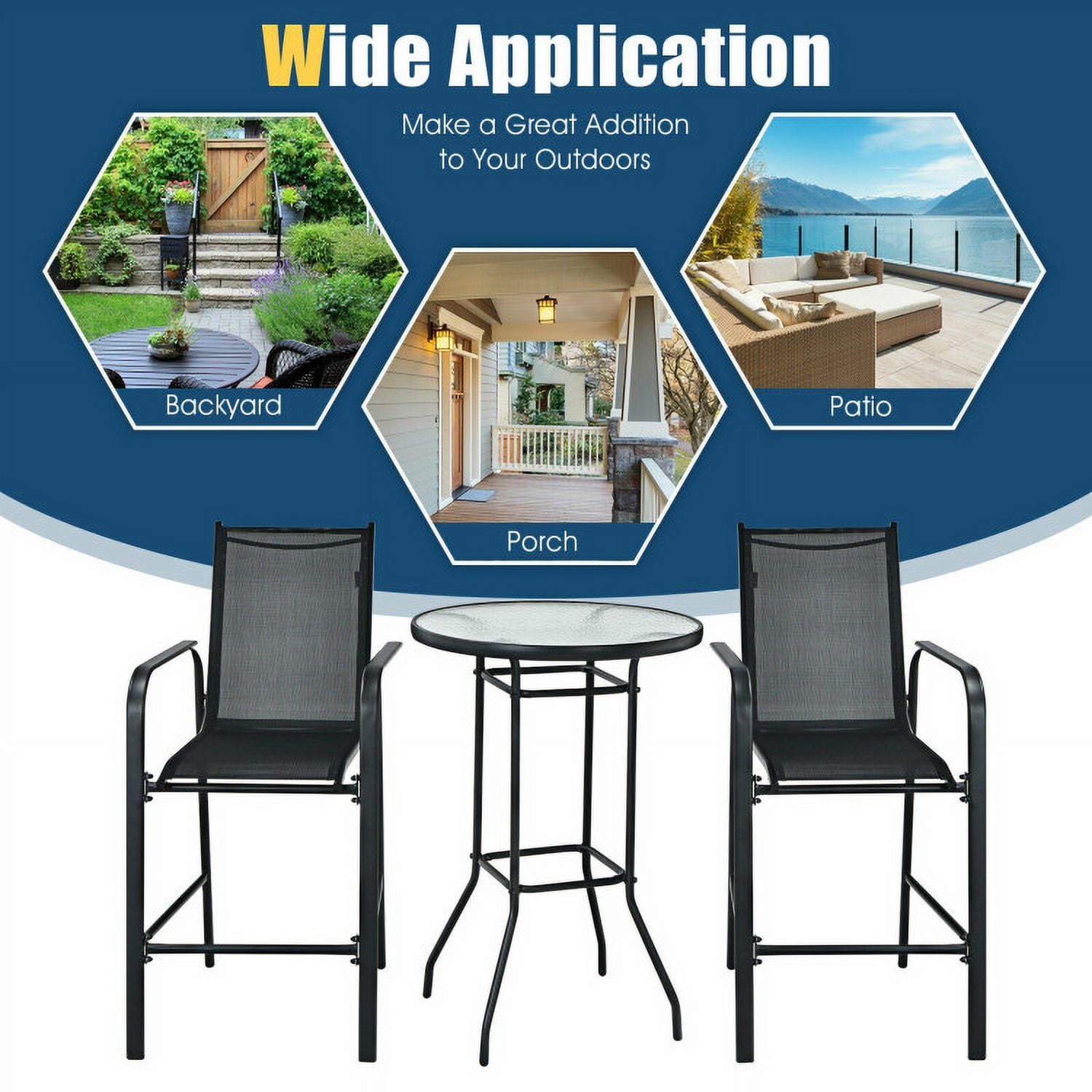 Aimee Lii 3 Pieces Outdoor Patio Bar Table Stool Set, Outdoor Patio Furniture, Black