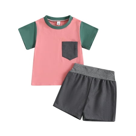 

Wallarenear 2Pcs Baby Boy Tracksuit Contrast Color T-shirt Tops Elastic Band Shorts