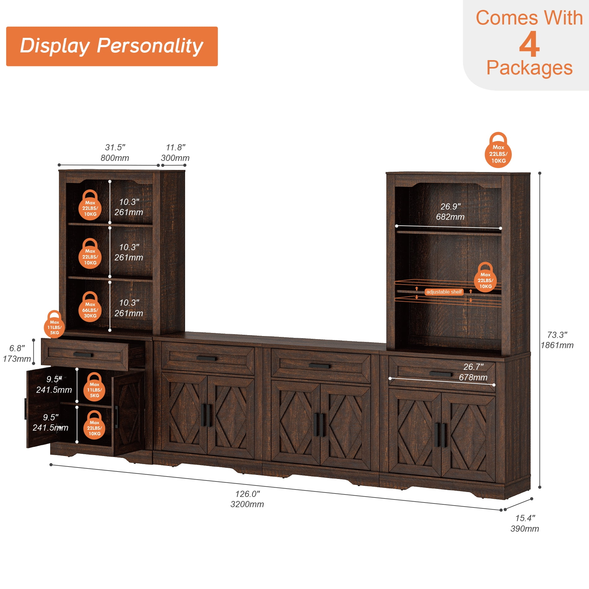 WAMPAT Farmhouse Entertainment Center with Bookshelf for TVs up to 70",Mid Century Modern TV Stand with 73"H Tall 5-Tier Bookcase with Open Storage and Barn Doors for Living Room,Bedroom,Rustic Brown