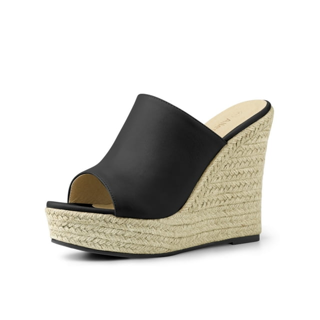 BLISSFUL STEP Chaussures pour Femmes Talon Compensé Bout Ouvert Espadrilles Mules à Plateforme Noir 8,5