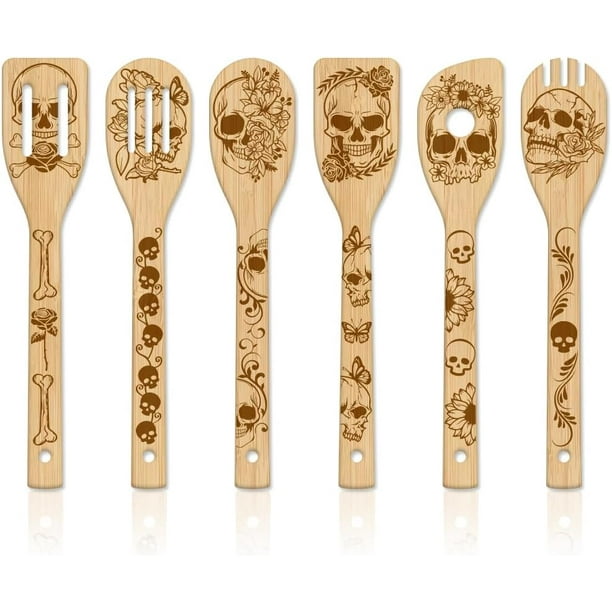 Juego de 6 utensilios de cocina de bambú, cucharas de cocina de madera grabadas, espátula de bambú para tallar, cuchara de cocina de madera.
