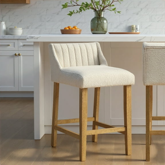 Fauna Modern Transitional Wood Counter Height Kitchen Bar Stool in Amber Glow Finish with White Boucle Fabric Upholstered Seat