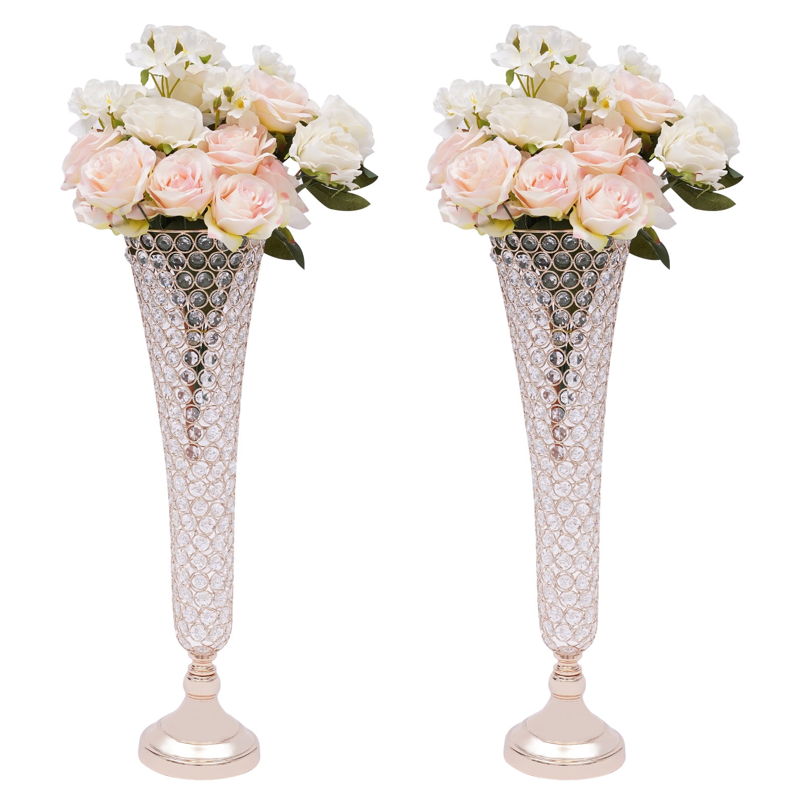 2Pcs 20.86inch Tall Crystal Wedding Centerpieces Vases, Silver/Rose Gold Metal Trumpet Table ...