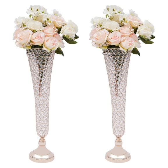 2Pcs 20.86inch Tall Crystal Wedding Centerpieces Vases, Silver/Rose Gold Metal Trumpet Table Flower Stand for Wedding Party Decoration