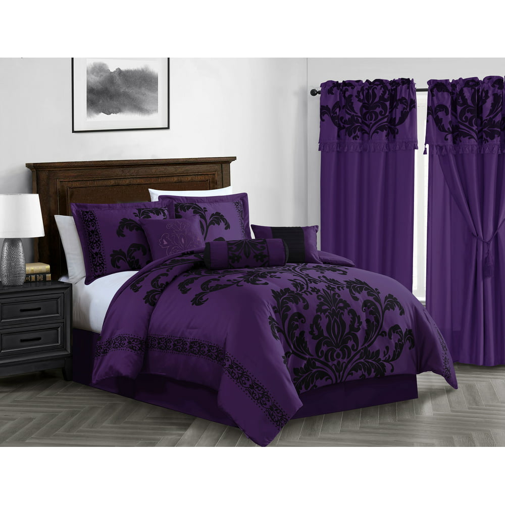 Chezmoi Collection Royale 7 Piece Dark Purple Jacquard Floral Comforter Set California King