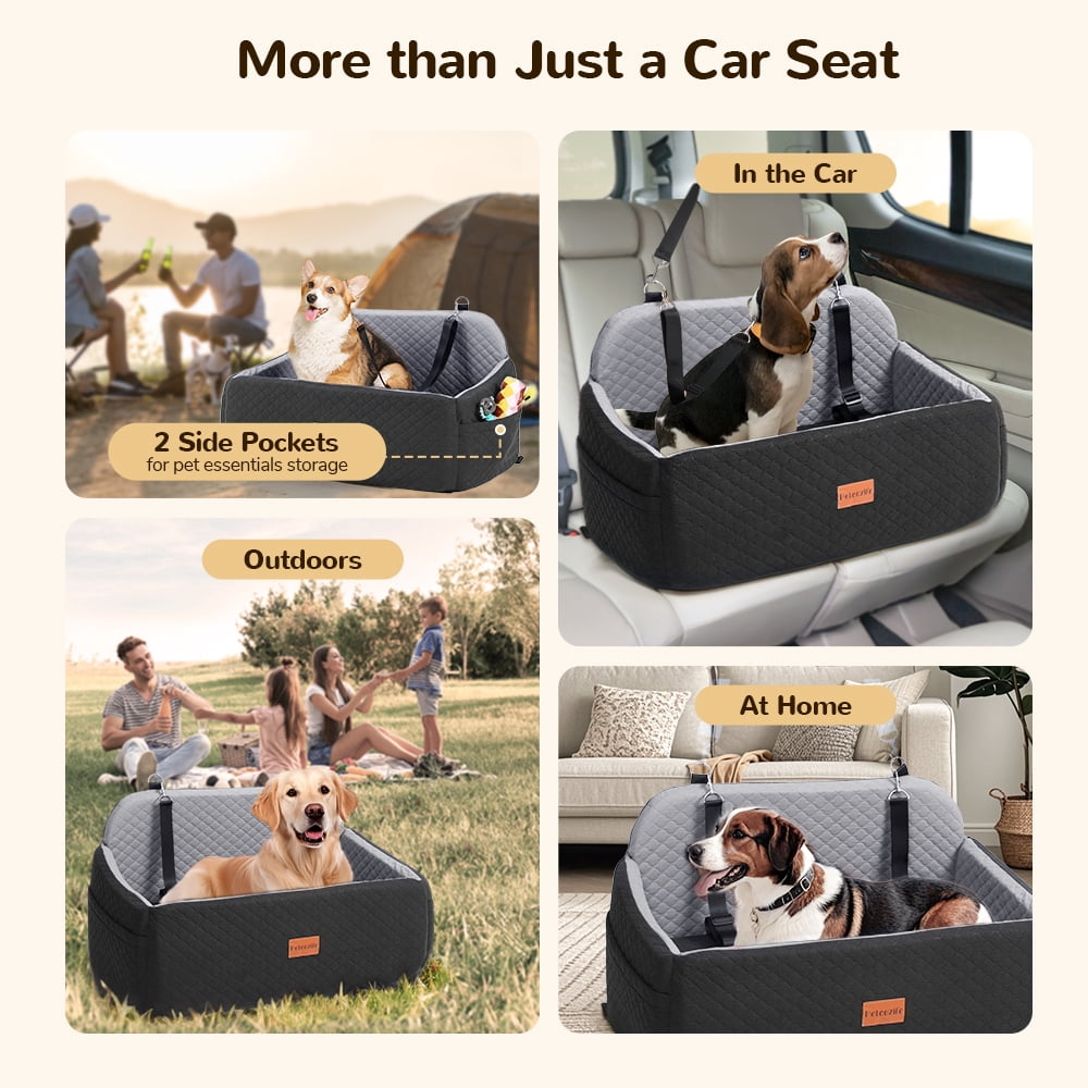 Large Dog Car Seat, DOMIPET Elevated Pet Car Seat for Dogs up to 55kg, Detachable & Washable Car Dog Bed with Storage Pockets