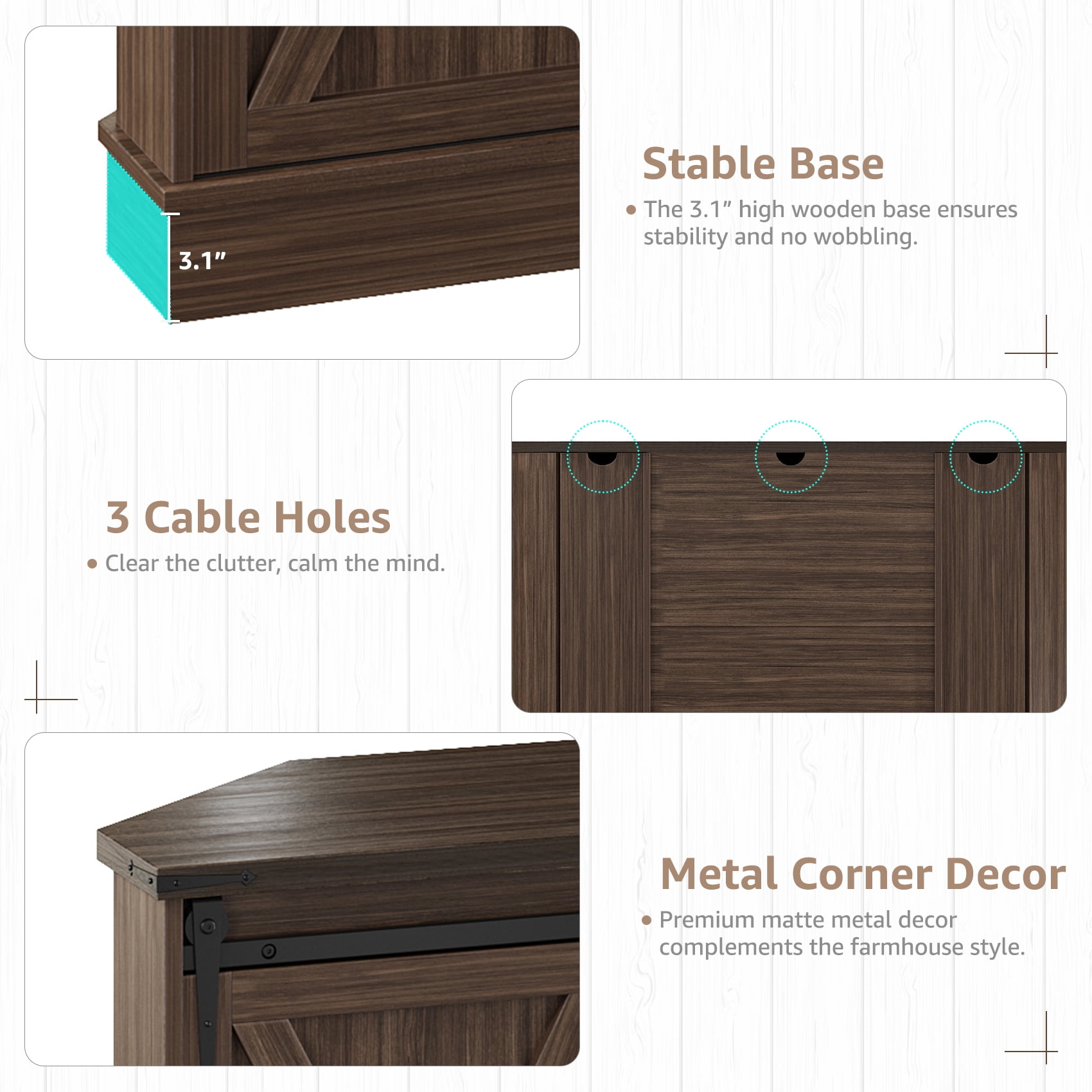 Farmhouse Corner TV Stand for 65" TV – Walnut Wood Entertainment Center with Sliding Barn Door & Storage Shelves – Media Console, 58"w x 15.7"d x 31"h