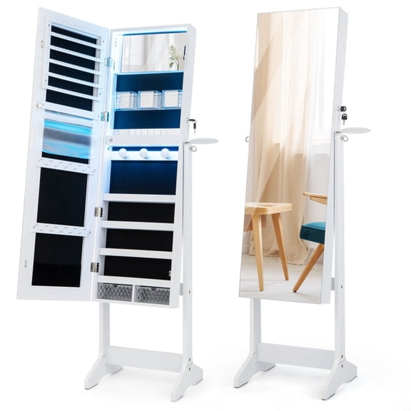 Furnibear Freestanding Jewelry Cabinet with Full Length HD Mirror for Bedroom Dressing Room Standing Storage Cabinet with Mirror, White