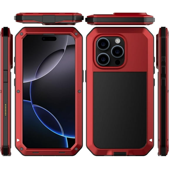 for iPhone 16 Pro Max Metal Case 6.9",Heavy Duty Shockproof Aluminum Alloy [Tough Armour] Military Phone Case,360 Full Body Protective Cover with Silicone Built-in Screen Protector - Red