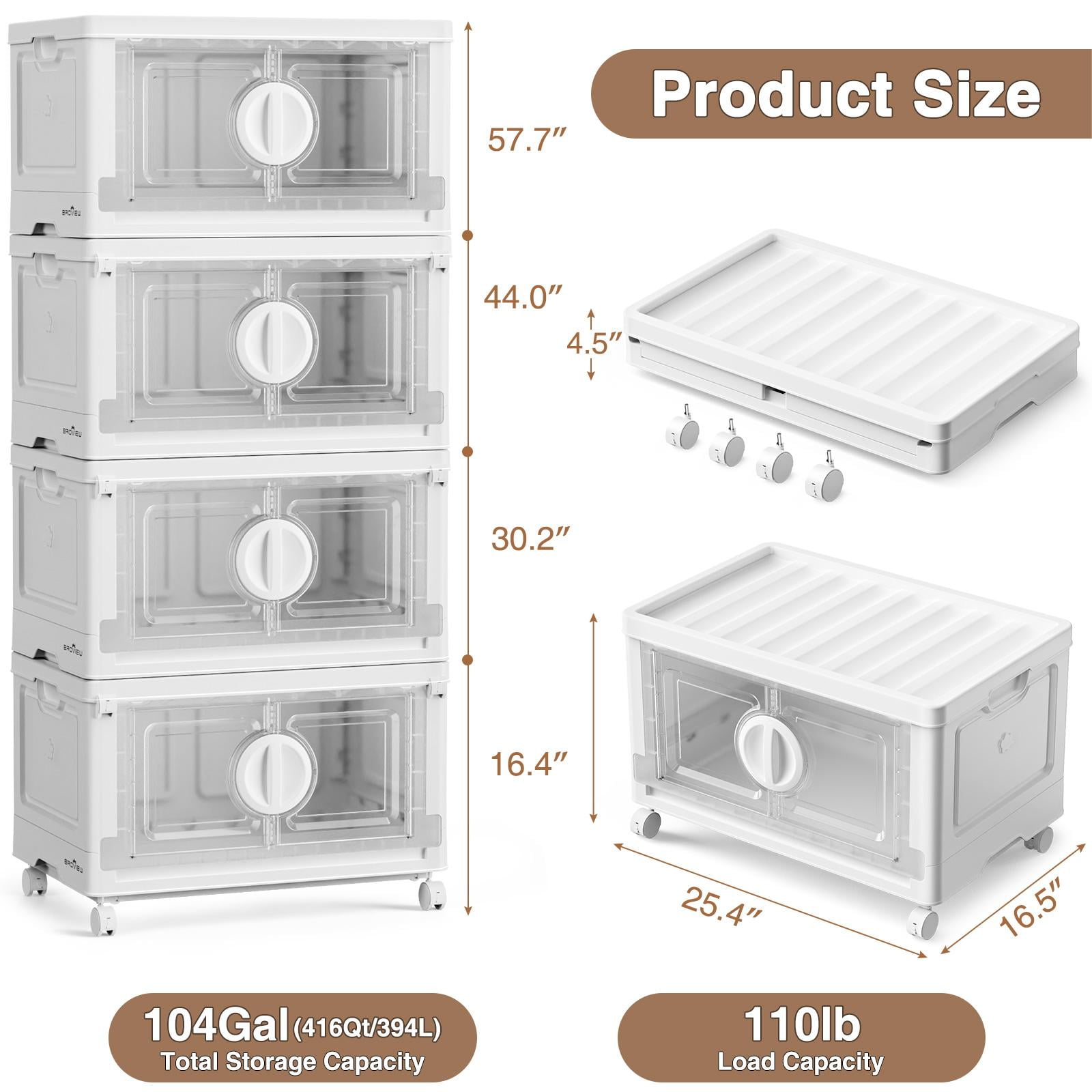 BROVIEW V9 120Gal Stackable Storage Bins, Plastic Collapsible Storage Bins with Lids and Wheels, Clothes Organizers and Storage Drawer, Folding Cabinets with Doors for Home, 4PCS White