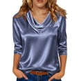 thumbnail image 1 of Hecho para Más Camisa Mujeres Elegante Draped Escote Plisado Cuello Satén Tres Cuartos de Manga Blusa, Suave Top Casual, 1 of 6