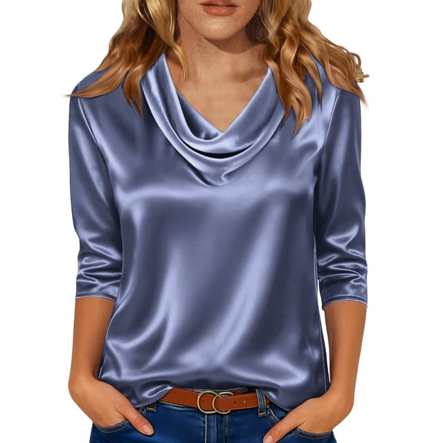 Hecho para Más Camisa Mujeres Elegante Draped Escote Plisado Cuello Satén Tres Cuartos de Manga Blusa, Suave Top Casual