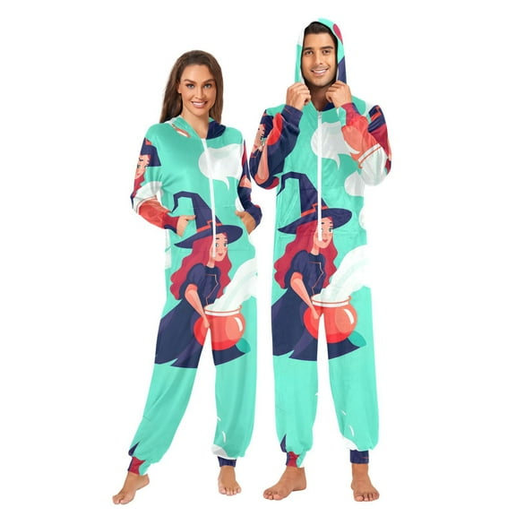 Witches Adult onesie Pajamas, Crystal Velvet Ultra Soft Warm Jumpsuit for Men and Women