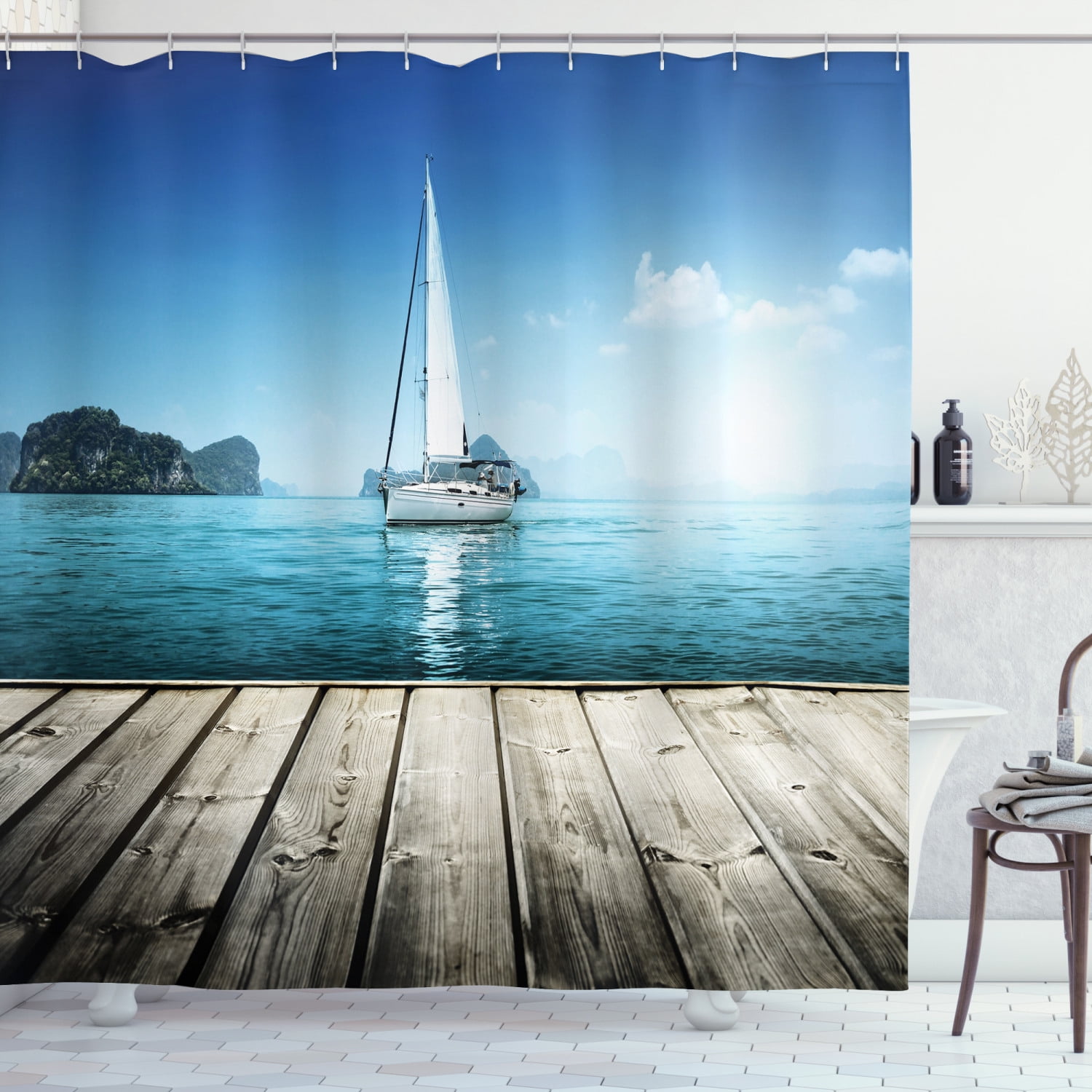 Nautical Shower Curtain, Yacht from Wooden Deck Horizon Serenity