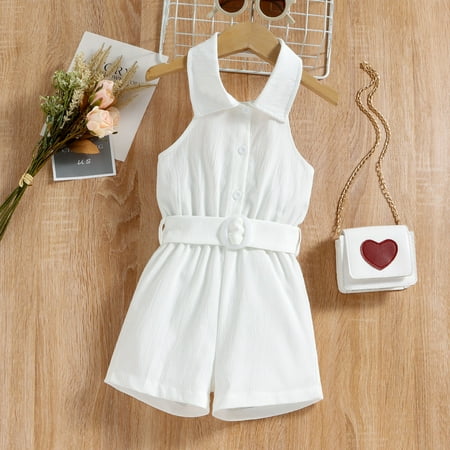 

NIUREDLTD Summer Toddler Girls Sleeveless Romper Solid Cotton Linen Jumpsuit And Belt Set
