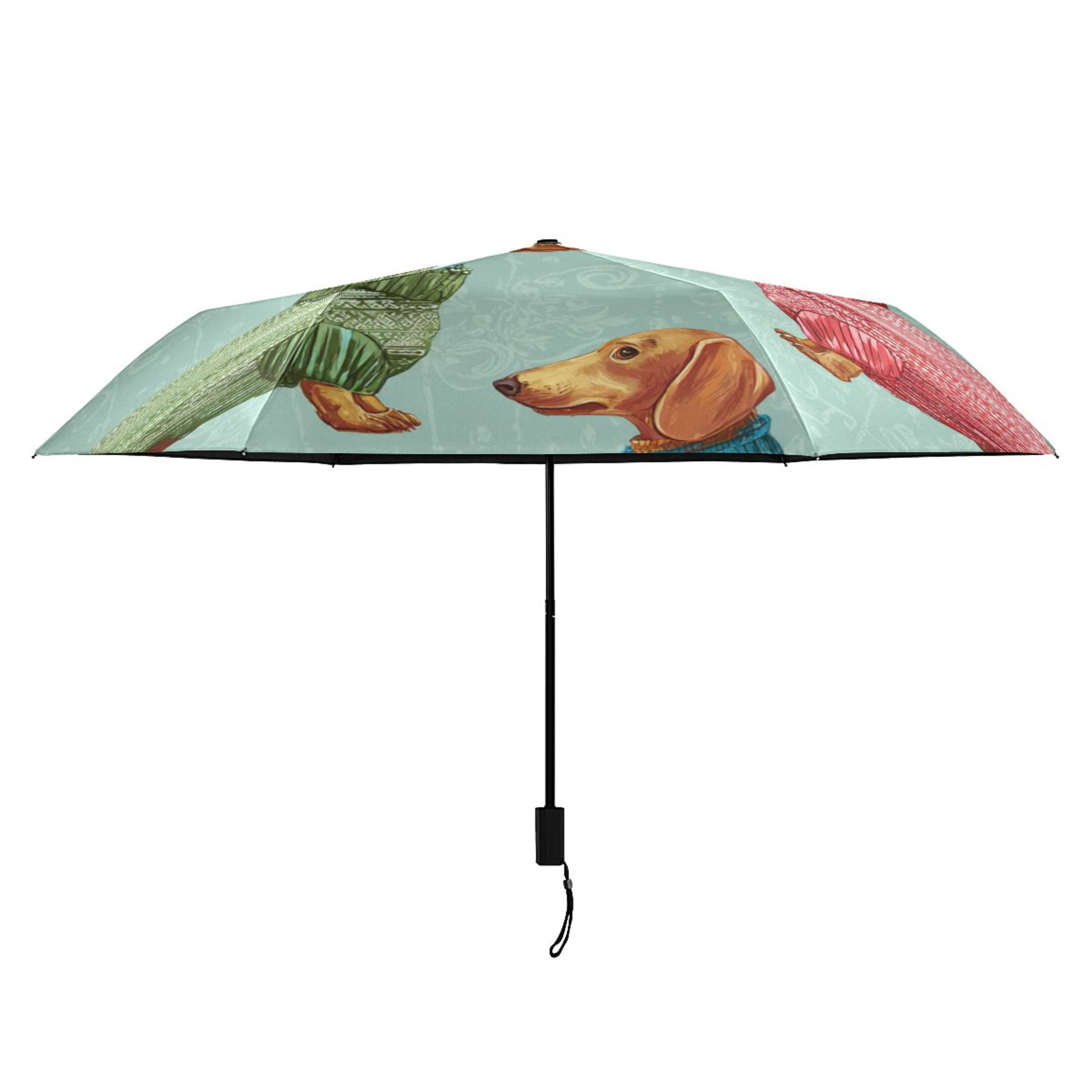 Cute Dachshund in Colorful Sweaters All Weather Umbrella Triple Folding Parasol 6 Ribs UV Protection Portable