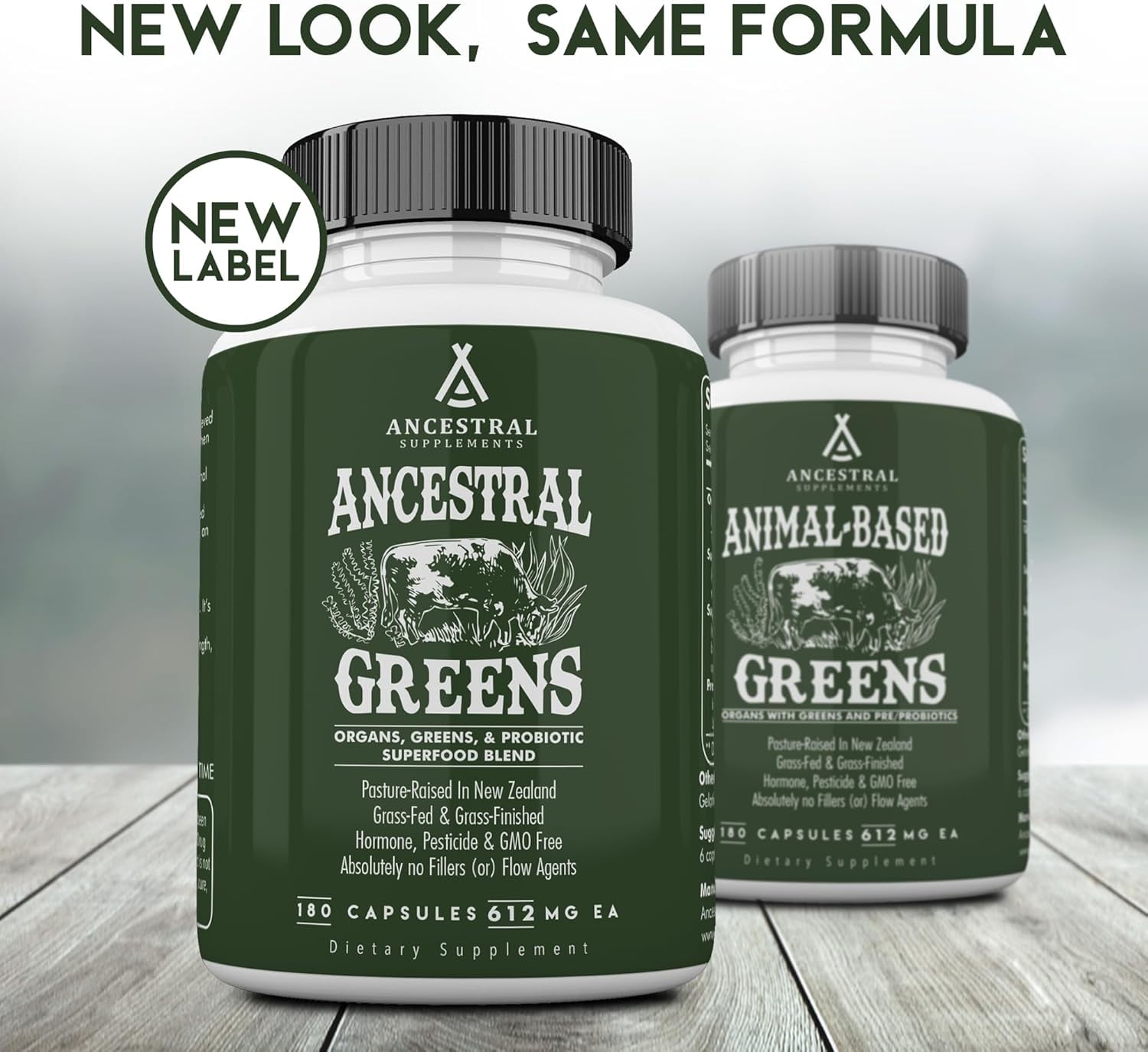 Ancestral Supplements Greens Powder Capsules, Organic Superfood Greens & Reds Blend with Spirulina, Chlorella, Grass Fed Beef Organs, and Probiotics for Gut Health, Non GMO, 615mg Each, 180 Count