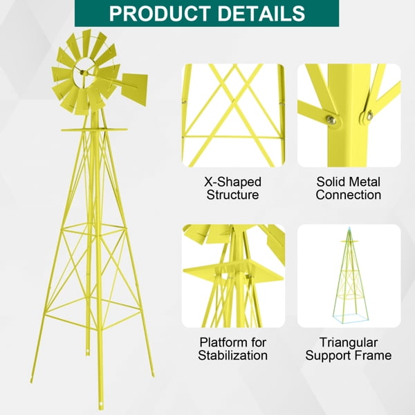 8FT Weather Resistant Yard Garden Windmill Yellow