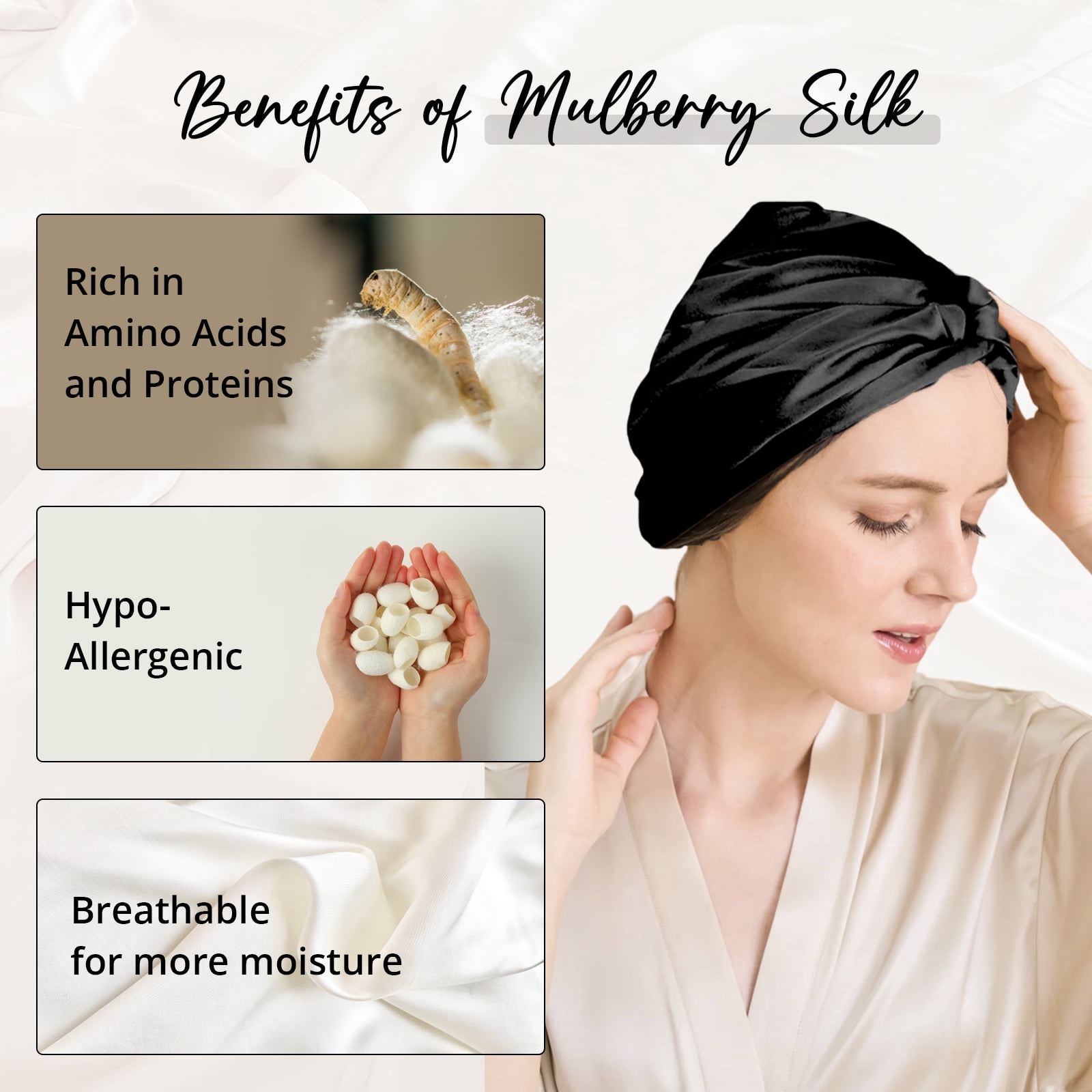 WIGI 100% Mulberry Silk Bonnet with Scrunchie Gift for Women, Silk Bonnet for Sleeping, Shower Cap Hair Bonnet, Silk Hair Wrap for Hair Care (100% Mulberry Silk (Bow design), Black)